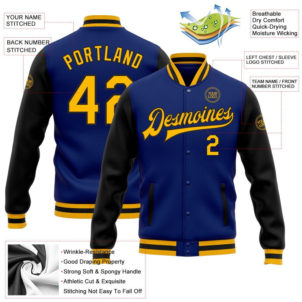 Custom Royal Gold-Black Bomber Full-Snap Varsity Letterman Two Tone Jacket photo 5