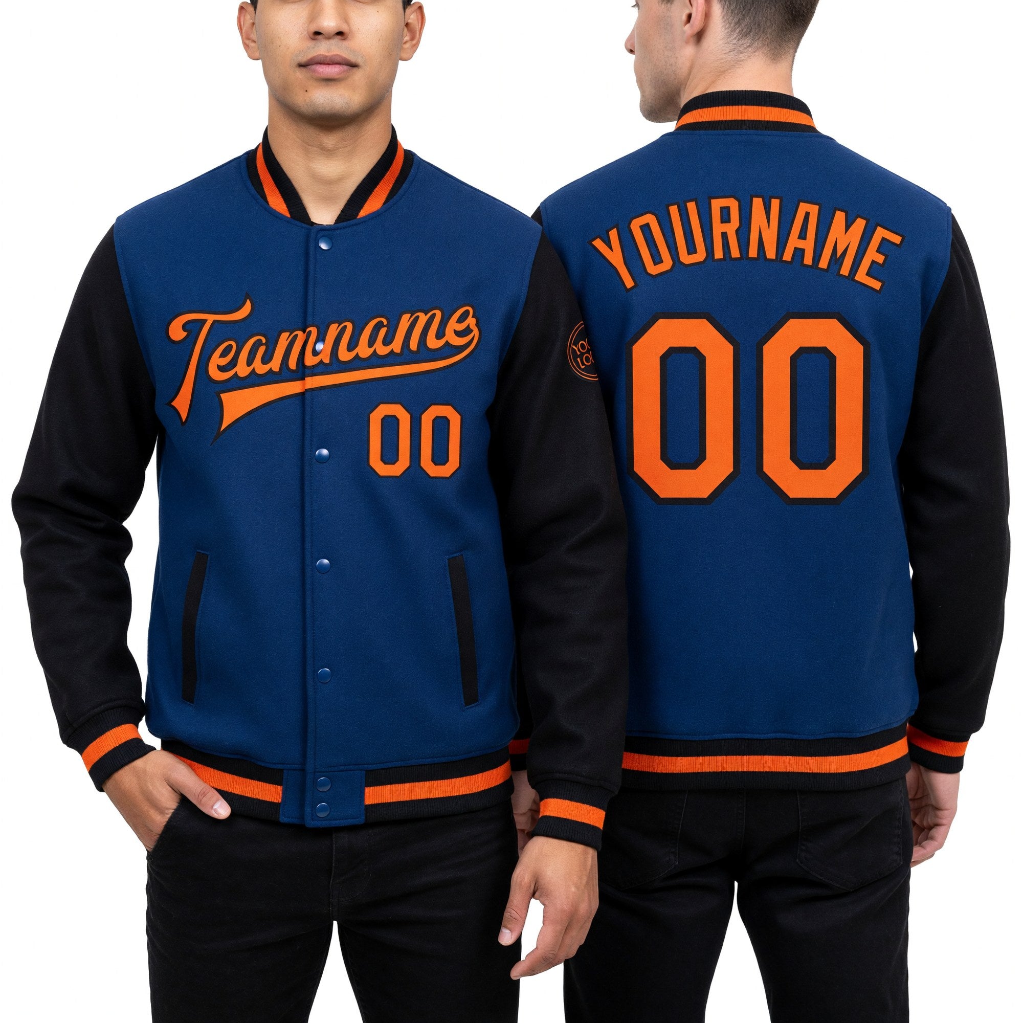 Custom Royal Orange-Black Bomber Full-Snap Varsity Letterman Two Tone Jacket worn front and back