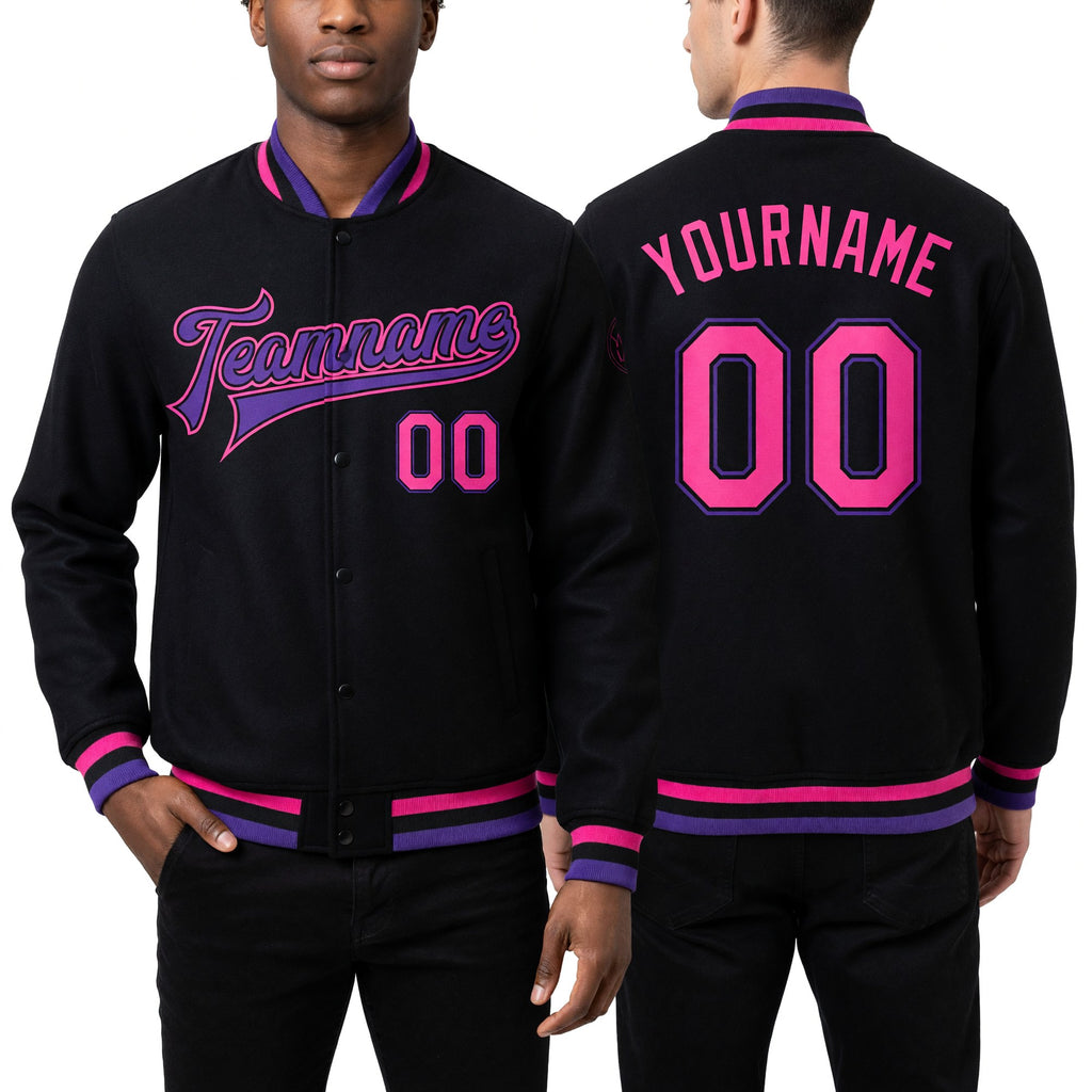 Custom Black Pink-Purple Bomber Full-Snap Varsity Letterman Jacket worn front and back