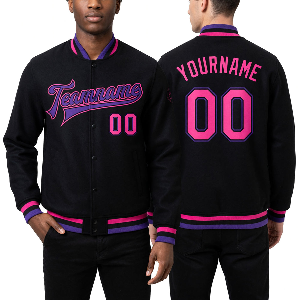 Custom Black Pink-Purple Bomber Full-Snap Varsity Letterman Jacket worn front and back