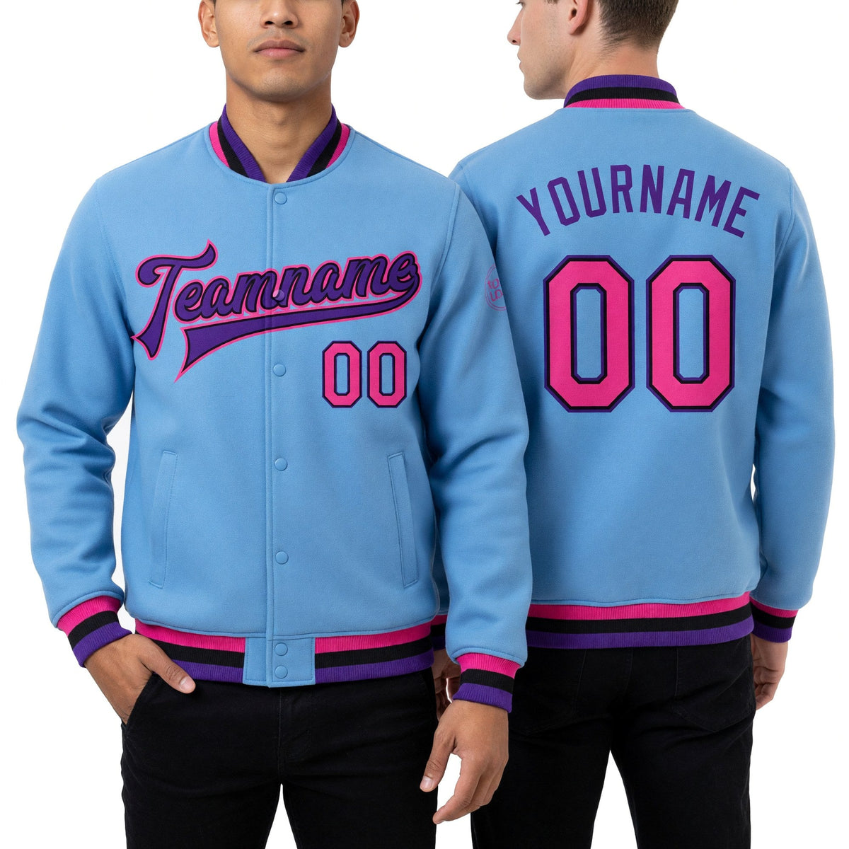 Custom Light Blue Pink Black-Purple Bomber Full-Snap Varsity Letterman Jacket worn front and back