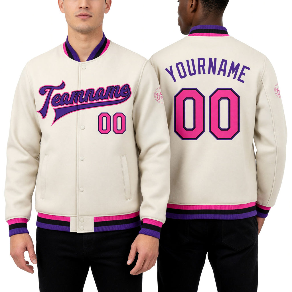 Custom Cream Pink Black-Purple Bomber Full-Snap Varsity Letterman Jacket worn front and back