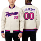 Custom Cream Pink Black-Purple Bomber Full-Snap Varsity Letterman Jacket worn front and back
