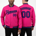 Custom Pink Purple-Black Bomber Full-Snap Varsity Letterman Jacket worn front and back