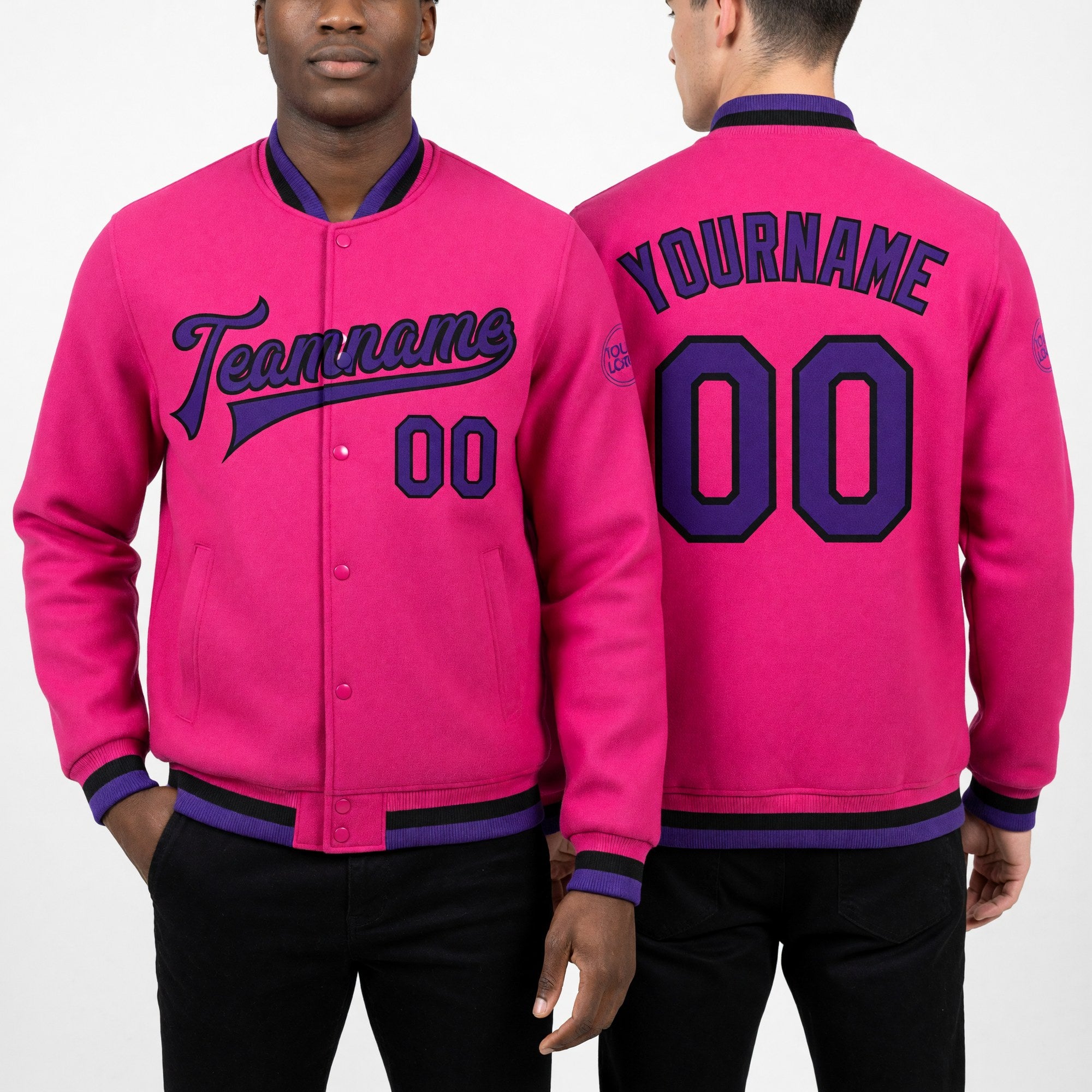 Custom Pink Purple-Black Bomber Full-Snap Varsity Letterman Jacket worn front and back
