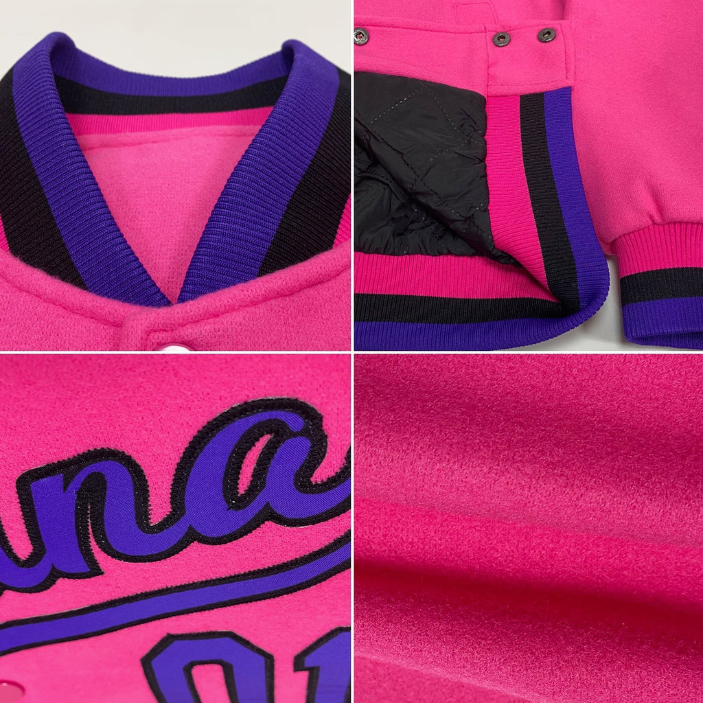 Custom Pink Purple-Black Bomber Full-Snap Varsity Letterman Jacket photo 4