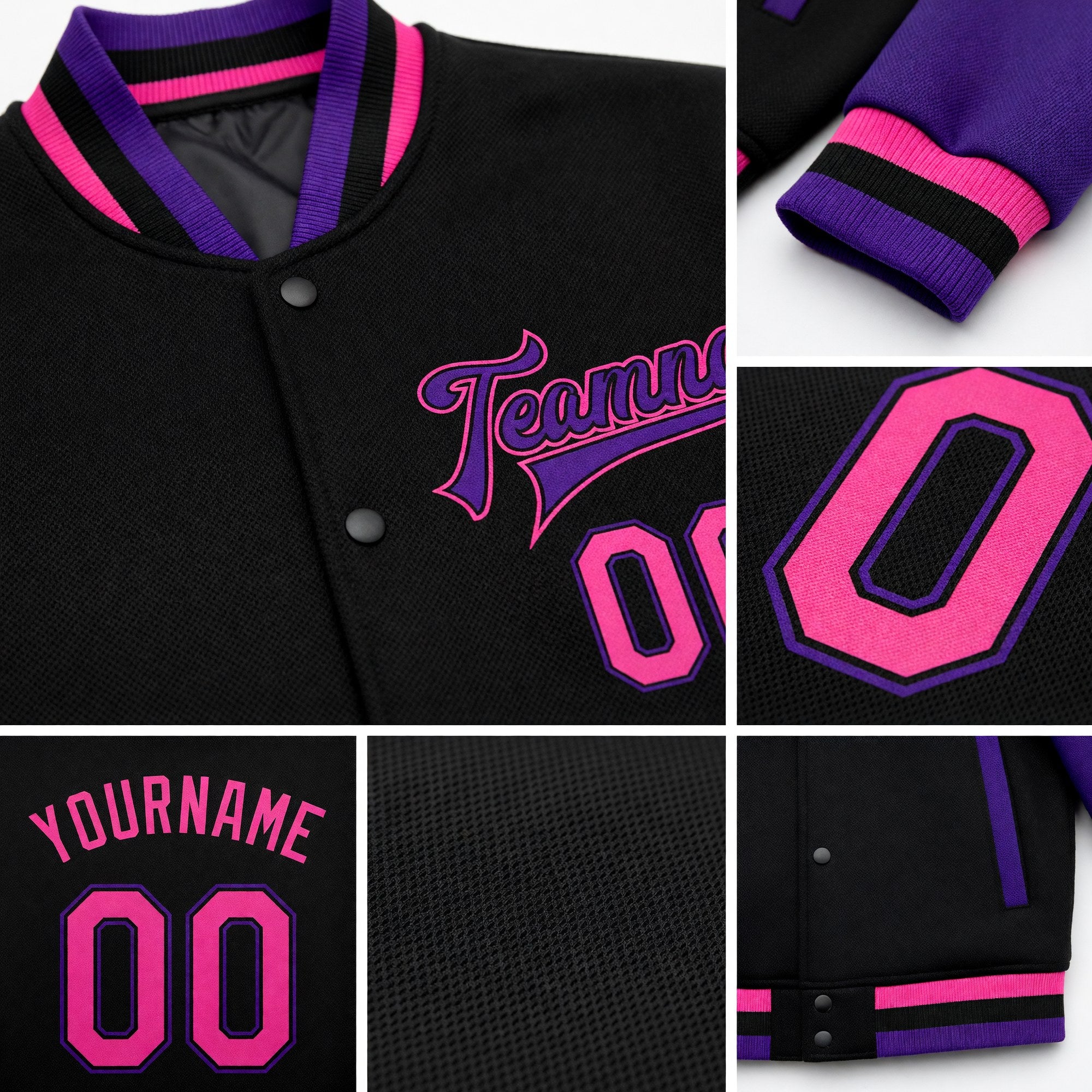 Custom Black Pink-Purple Bomber Full-Snap Varsity Letterman Two Tone Jacket detail