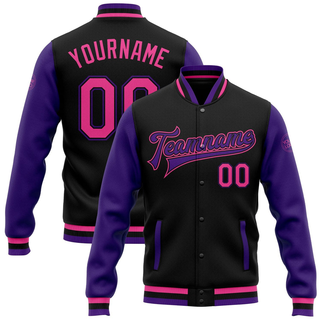 Custom Black Pink-Purple Bomber Full-Snap Varsity Letterman Two Tone Jacket photo 1
