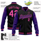 Custom Black Pink-Purple Bomber Full-Snap Varsity Letterman Two Tone Jacket photo 5
