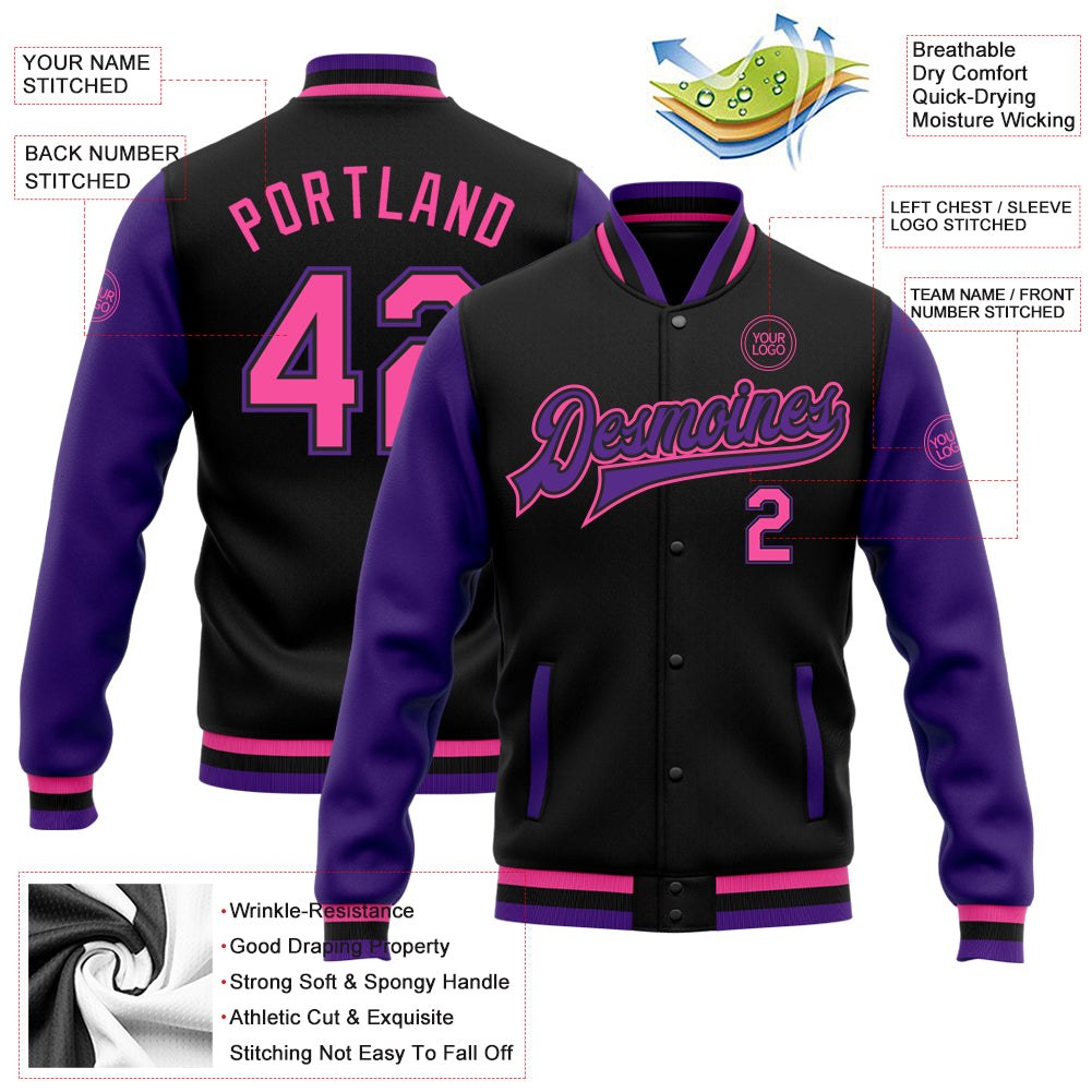 Custom Black Pink-Purple Bomber Full-Snap Varsity Letterman Two Tone Jacket photo 5