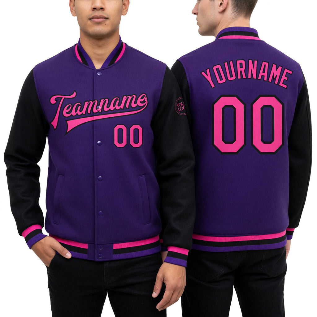Custom Purple Pink-Black Bomber Full-Snap Varsity Letterman Two Tone Jacket worn front and back