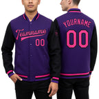 Custom Purple Pink-Black Bomber Full-Snap Varsity Letterman Two Tone Jacket worn front and back