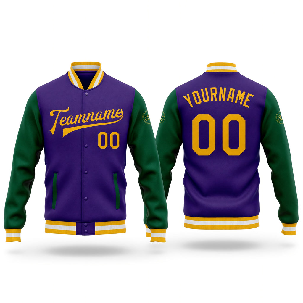 Custom Purple Gold-Kelly Green Bomber Full-Snap Varsity Letterman Two Tone Jacket