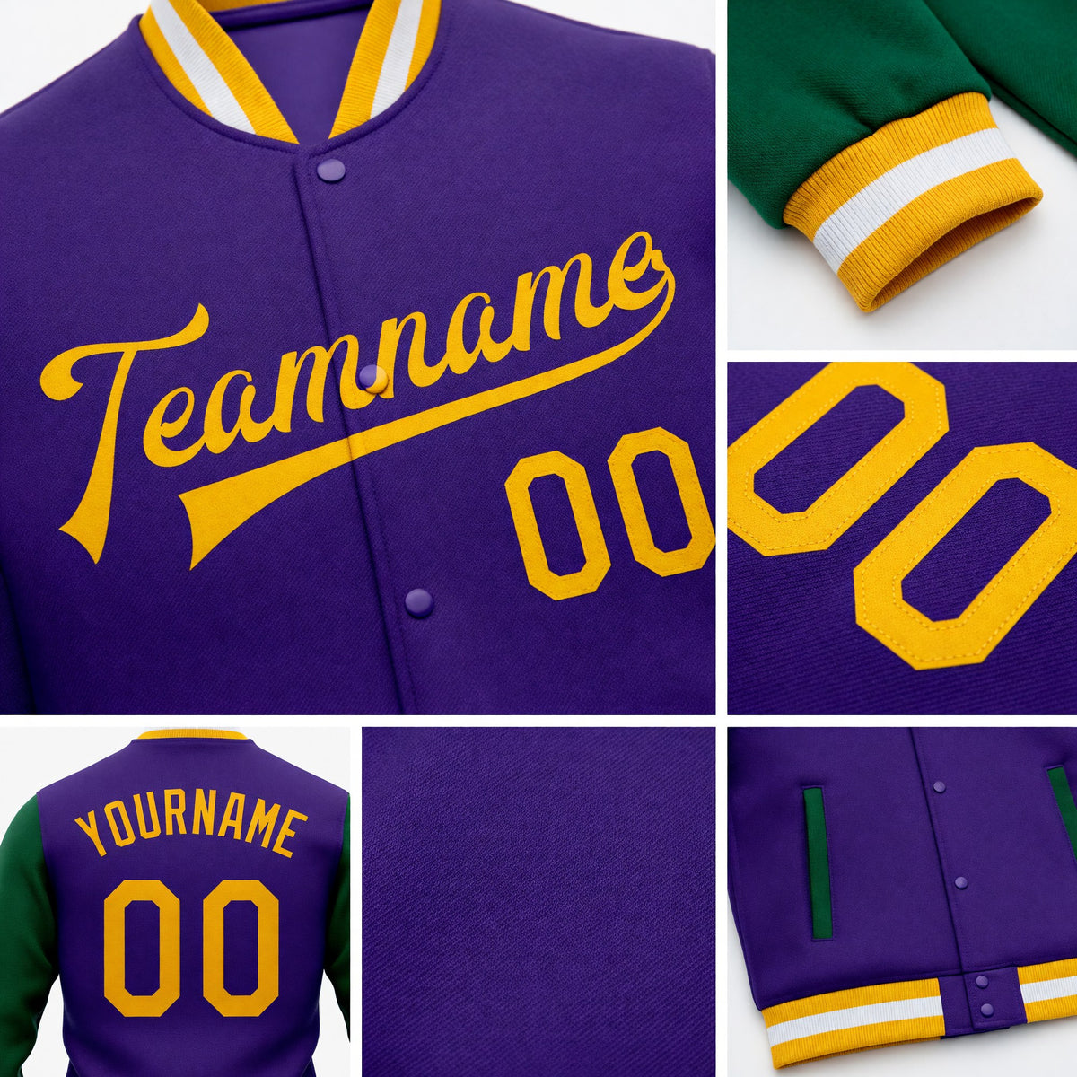 Custom Purple Gold-Kelly Green Bomber Full-Snap Varsity Letterman Two Tone Jacket detail