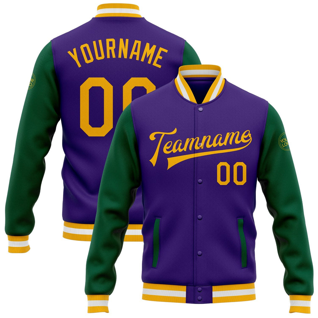 Custom Purple Gold-Kelly Green Bomber Full-Snap Varsity Letterman Two Tone Jacket photo 1