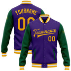 Custom Purple Gold-Kelly Green Bomber Full-Snap Varsity Letterman Two Tone Jacket photo 1