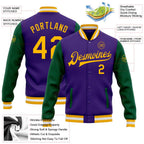 Custom Purple Gold-Kelly Green Bomber Full-Snap Varsity Letterman Two Tone Jacket photo 5