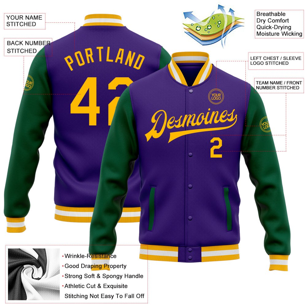 Custom Purple Gold-Kelly Green Bomber Full-Snap Varsity Letterman Two Tone Jacket photo 5