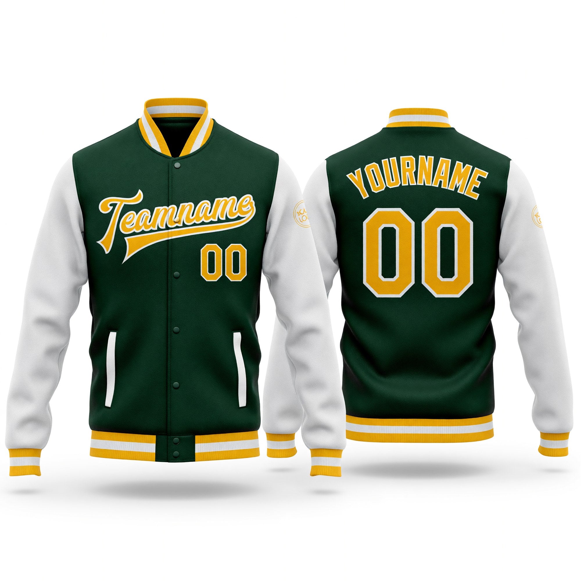 Custom Green Gold-White Bomber Full-Snap Varsity Letterman Two Tone Jacket