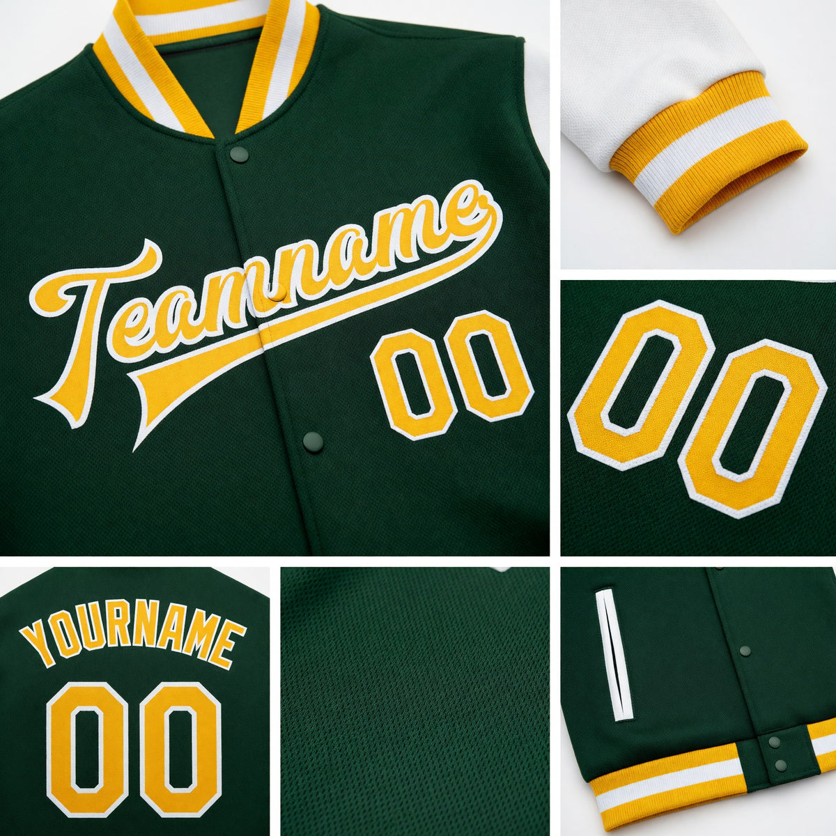 Custom Green Gold-White Bomber Full-Snap Varsity Letterman Two Tone Jacket detail