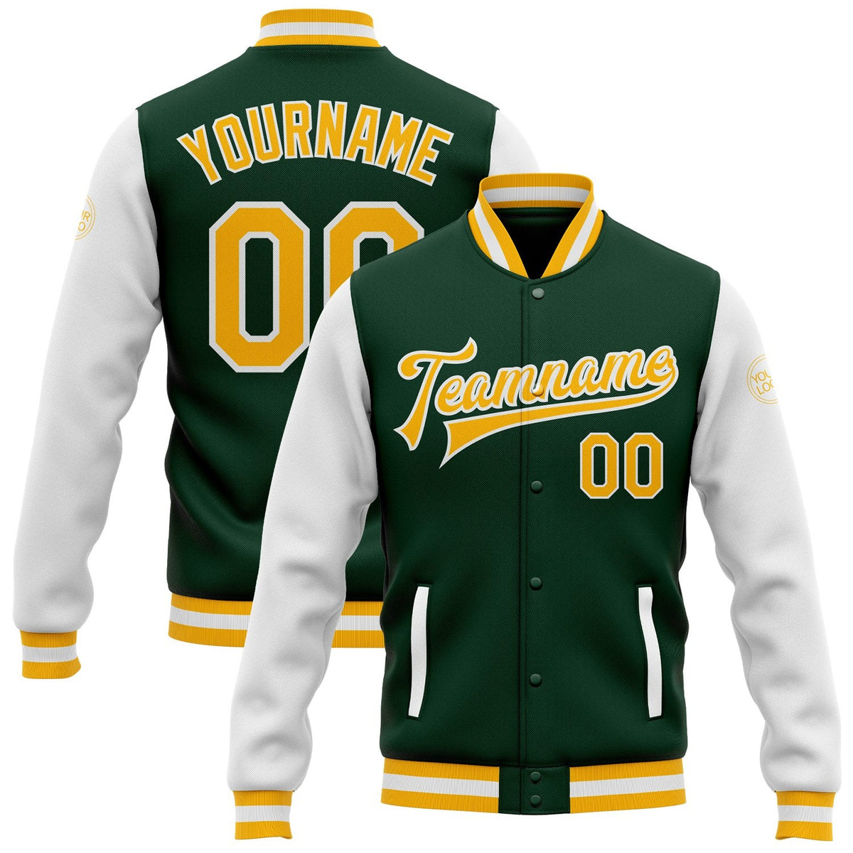 Custom Green Gold-White Bomber Full-Snap Varsity Letterman Two Tone Jacket photo 1