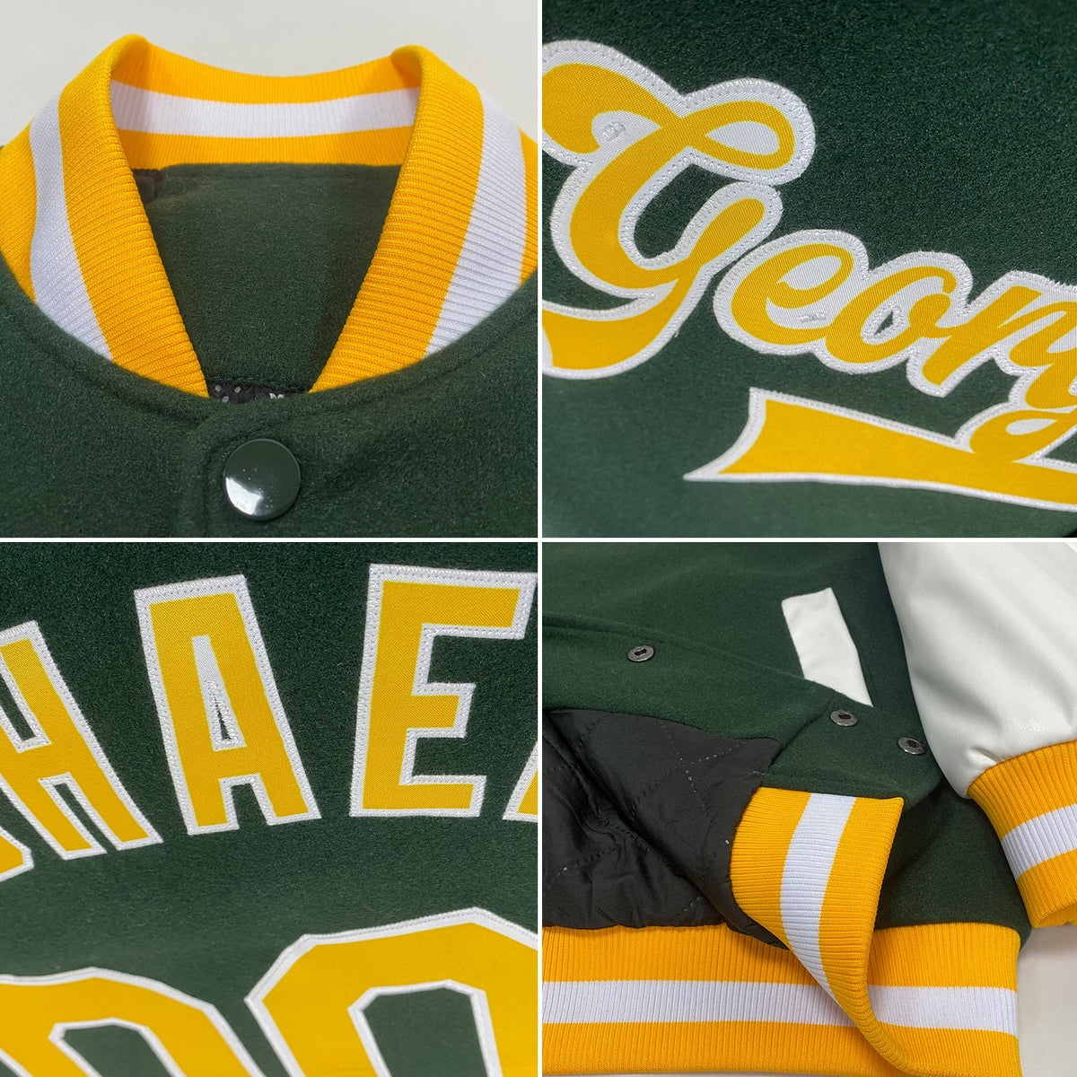 Custom Green Gold-White Bomber Full-Snap Varsity Letterman Two Tone Jacket photo 4