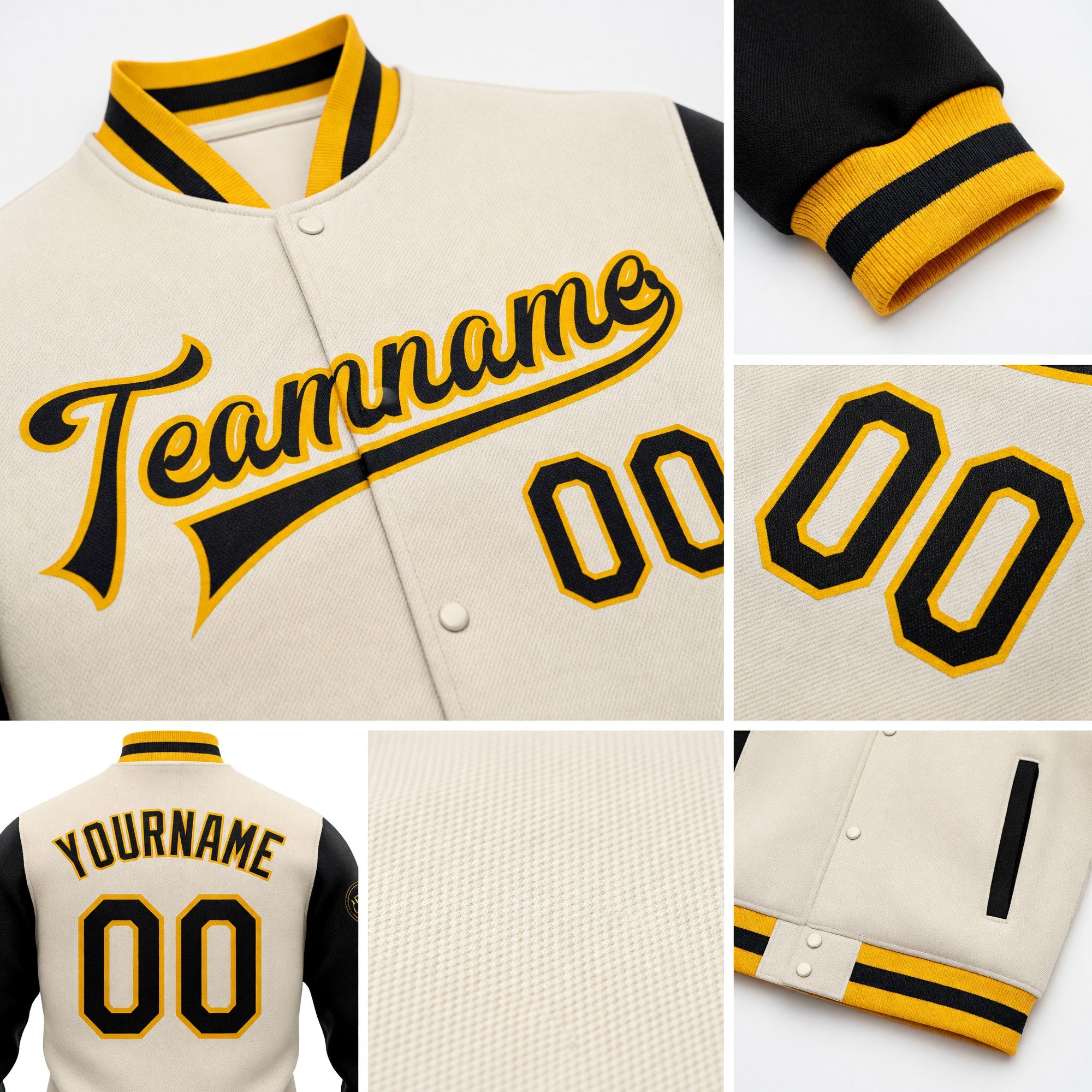Custom Cream Black-Gold Bomber Full-Snap Varsity Letterman Two Tone Jacket detail