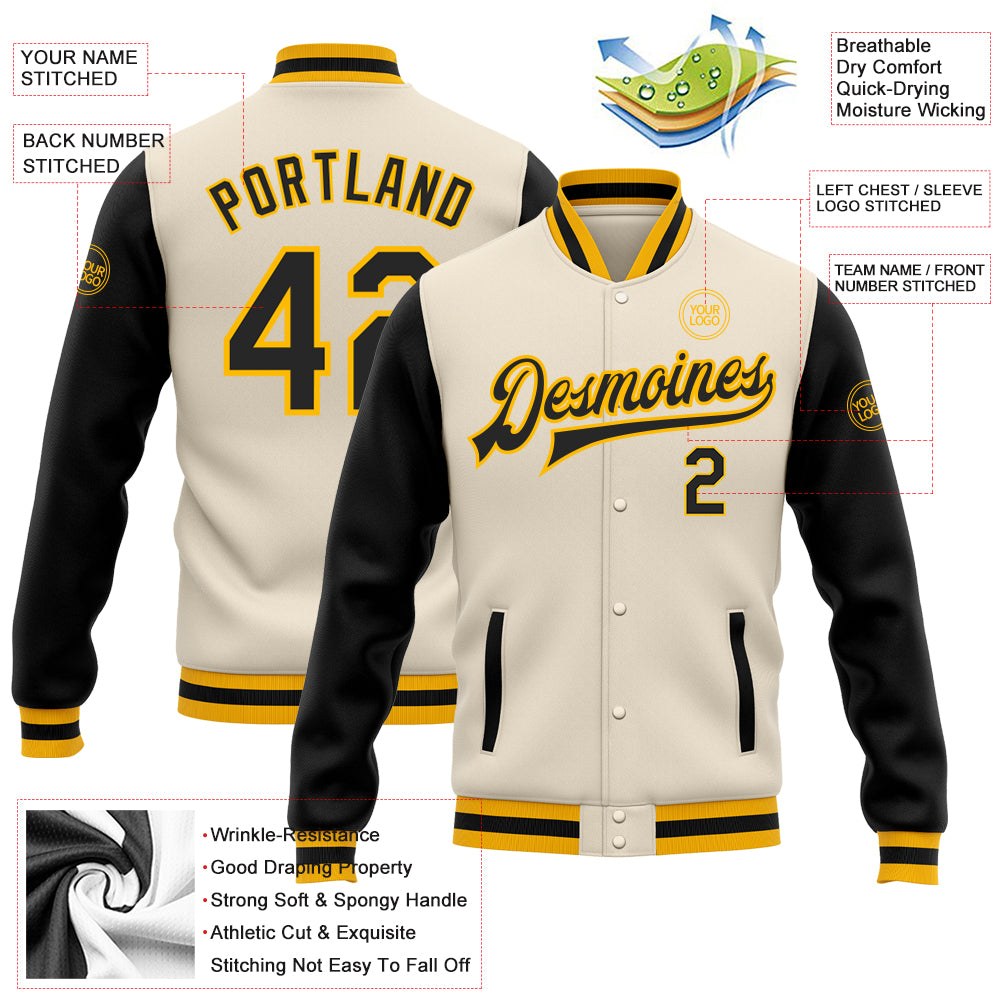 Custom Cream Black-Gold Bomber Full-Snap Varsity Letterman Two Tone Jacket photo 5