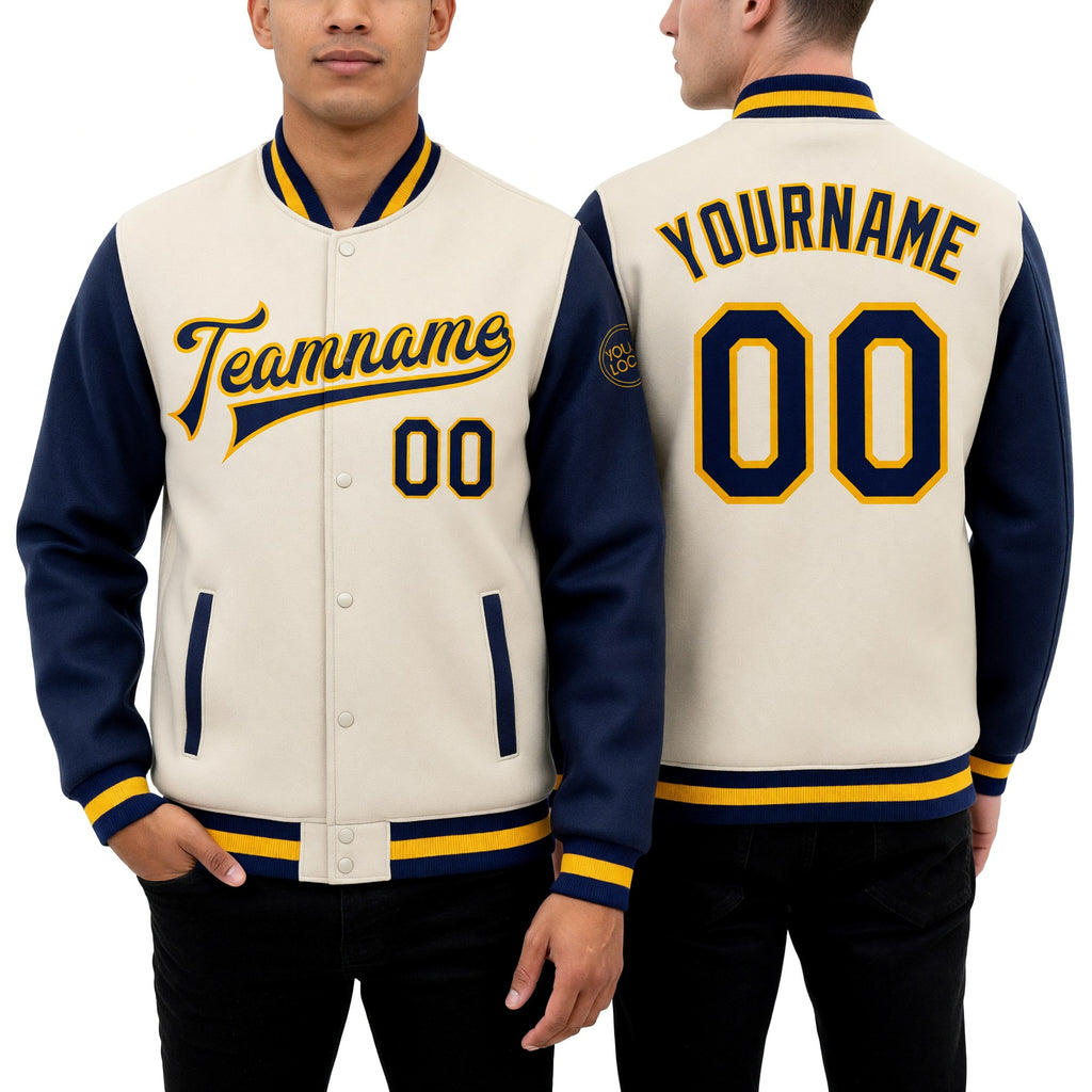 Custom Cream Navy-Gold Bomber Full-Snap Varsity Letterman Two Tone Jacket worn front and back