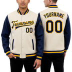 Custom Cream Navy-Gold Bomber Full-Snap Varsity Letterman Two Tone Jacket worn front and back