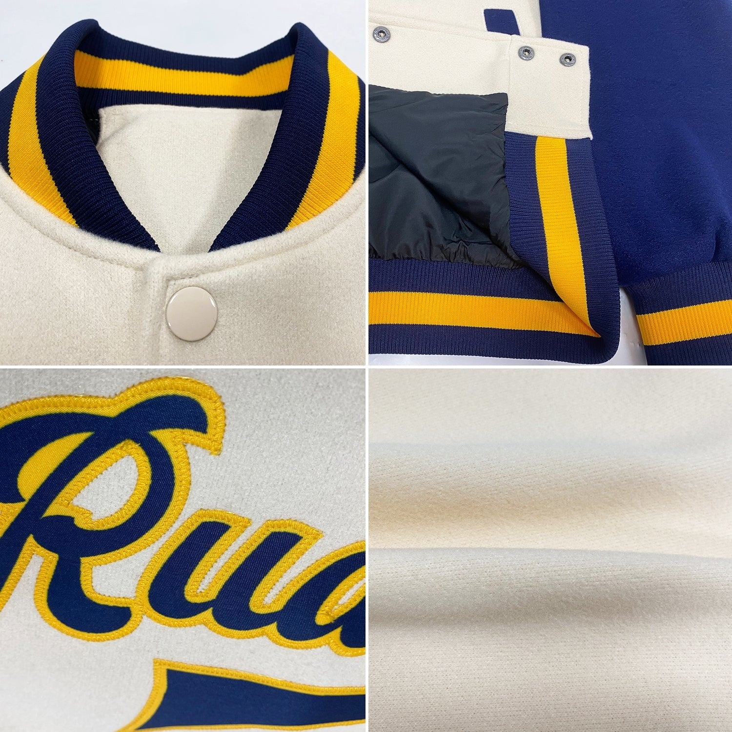 Custom Cream Navy-Gold Bomber Full-Snap Varsity Letterman Two Tone Jacket photo 4