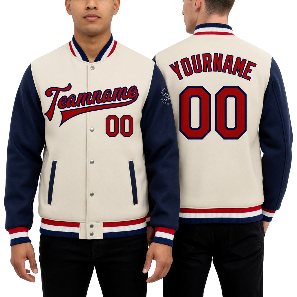 Custom Cream Red-Navy Bomber Full-Snap Varsity Letterman Two Tone Jacket worn front and back