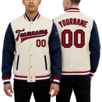 Custom Cream Red-Navy Bomber Full-Snap Varsity Letterman Two Tone Jacket worn front and back