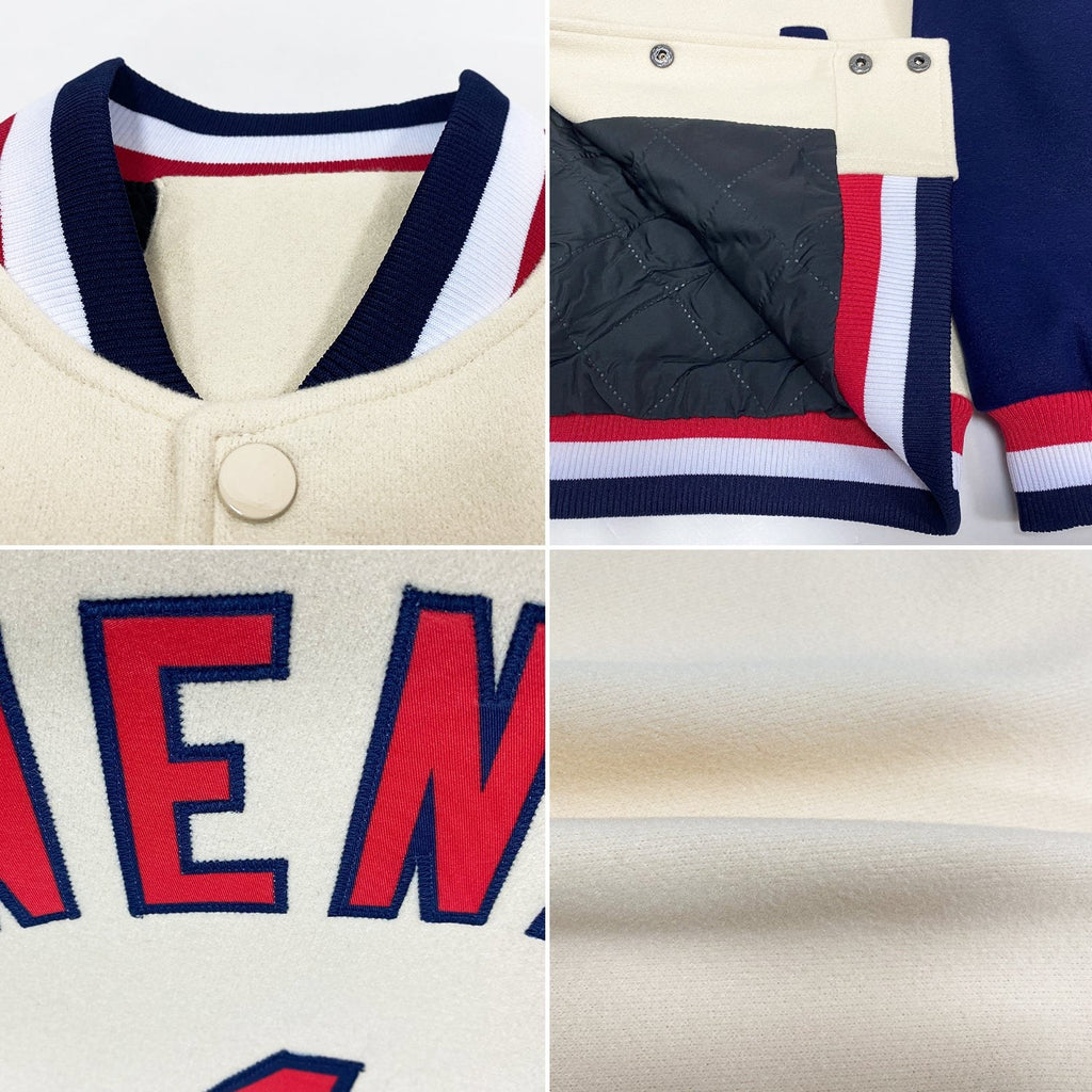 Custom Cream Red-Navy Bomber Full-Snap Varsity Letterman Two Tone Jacket photo 4