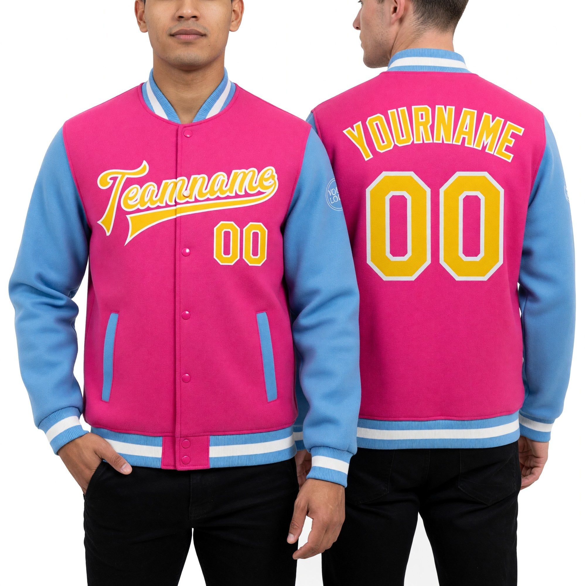 Custom Pink Yellow-Light Blue Bomber Full-Snap Varsity Letterman Two Tone Jacket worn front and back