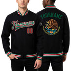 Custom Black Red-Kelly Green Mexico 3D Bomber Full-Snap Varsity Letterman Jacket worn front and back
