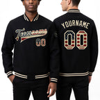 Custom Black Vintage USA Flag-Cream Bomber Full-Snap Varsity Letterman Jacket worn front and back