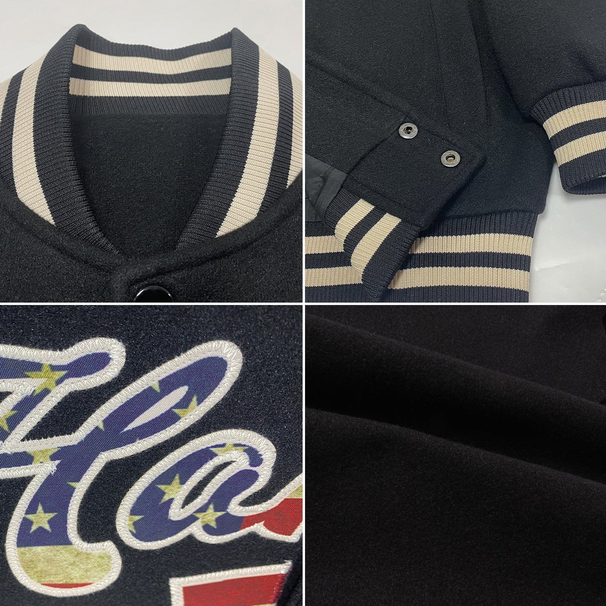Custom Black Vintage USA Flag-Cream Bomber Full-Snap Varsity Letterman Jacket photo 4