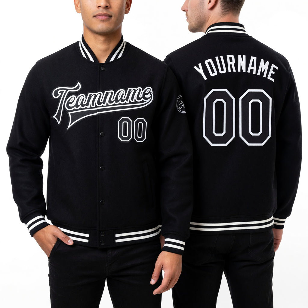 Custom Black White Bomber Full-Snap Varsity Letterman Jacket worn front and back