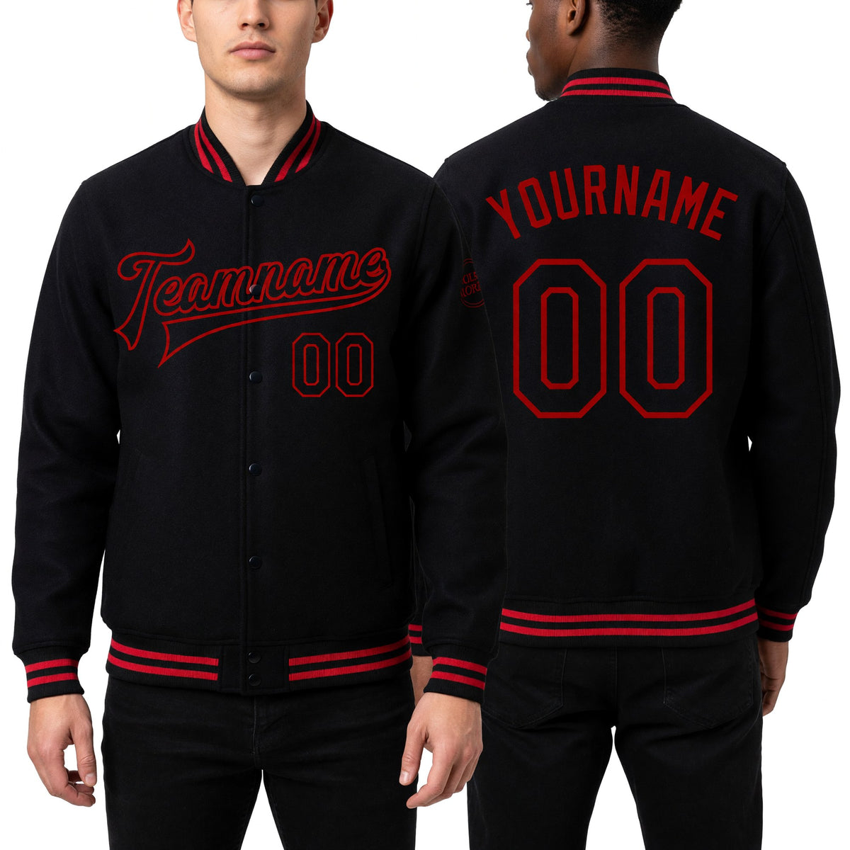 Custom Black Red Bomber Full-Snap Varsity Letterman Jacket worn front and back