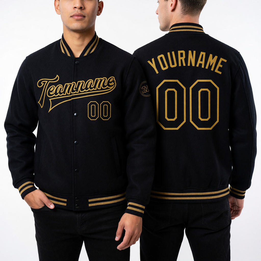 Custom Black Old Gold Bomber Full-Snap Varsity Letterman Jacket worn front and back