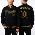 Custom Black Old Gold Bomber Full-Snap Varsity Letterman Jacket worn front and back