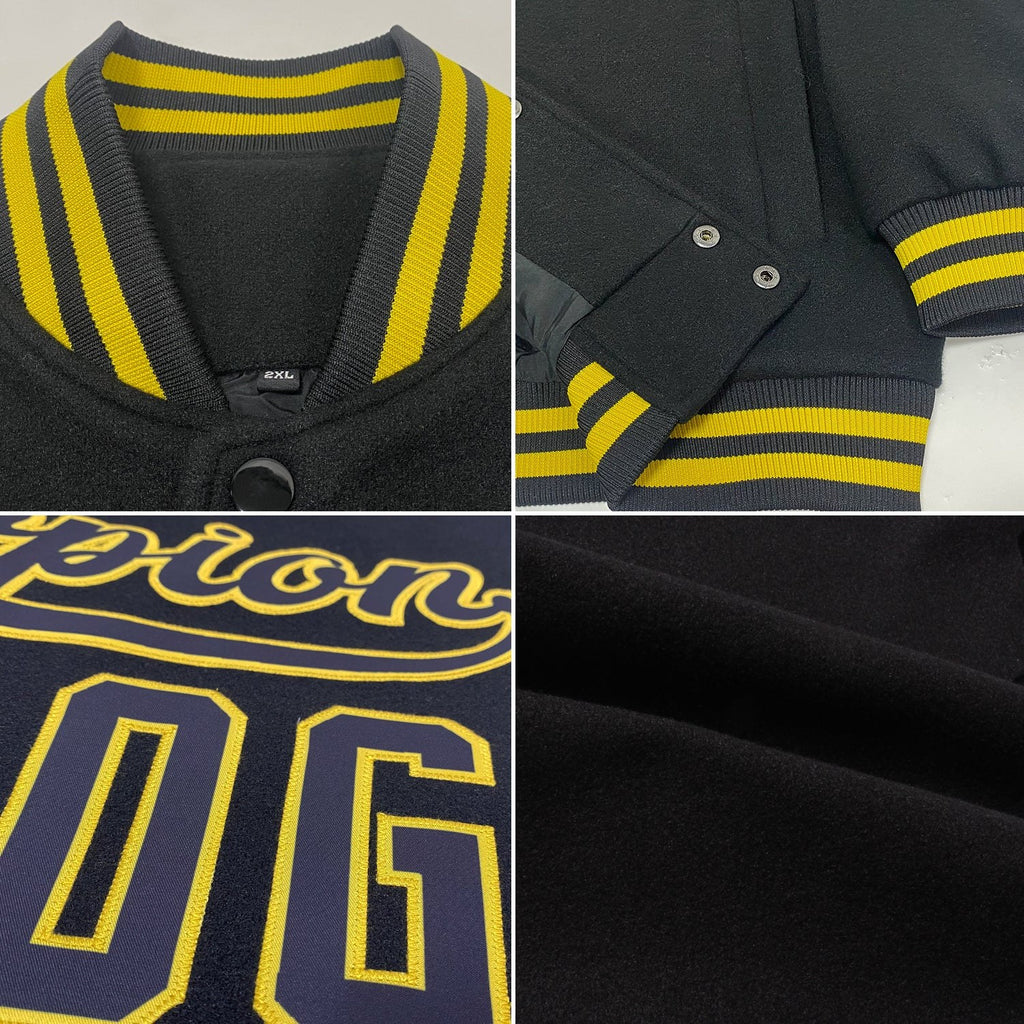 Custom Black Old Gold Bomber Full-Snap Varsity Letterman Jacket photo 4
