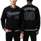 Custom Black Gray Bomber Full-Snap Varsity Letterman Jacket worn front and back