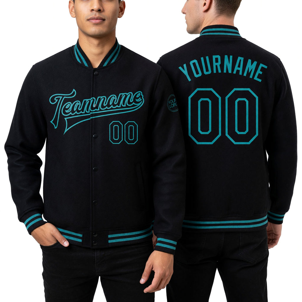 Custom Black Teal Bomber Full-Snap Varsity Letterman Jacket worn front and back