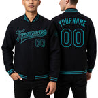 Custom Black Teal Bomber Full-Snap Varsity Letterman Jacket worn front and back