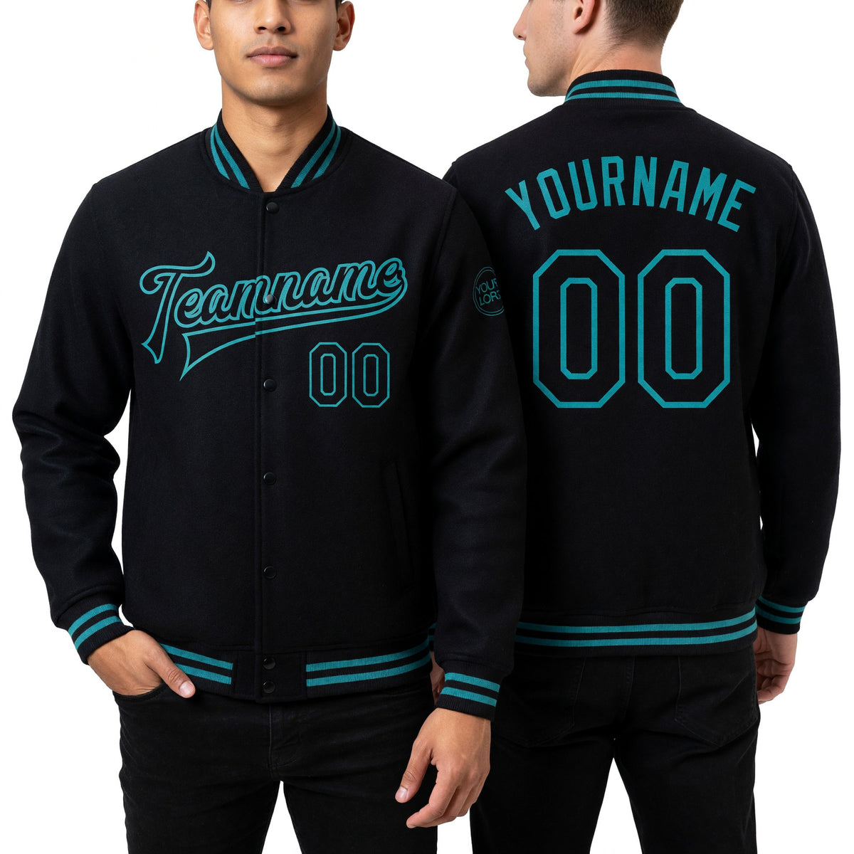 Custom Black Teal Bomber Full-Snap Varsity Letterman Jacket worn front and back