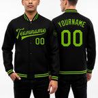 Custom Black Neon Green Bomber Full-Snap Varsity Letterman Jacket worn front and back