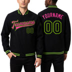 Custom Black Neon Green-Pink Bomber Full-Snap Varsity Letterman Jacket worn front and back
