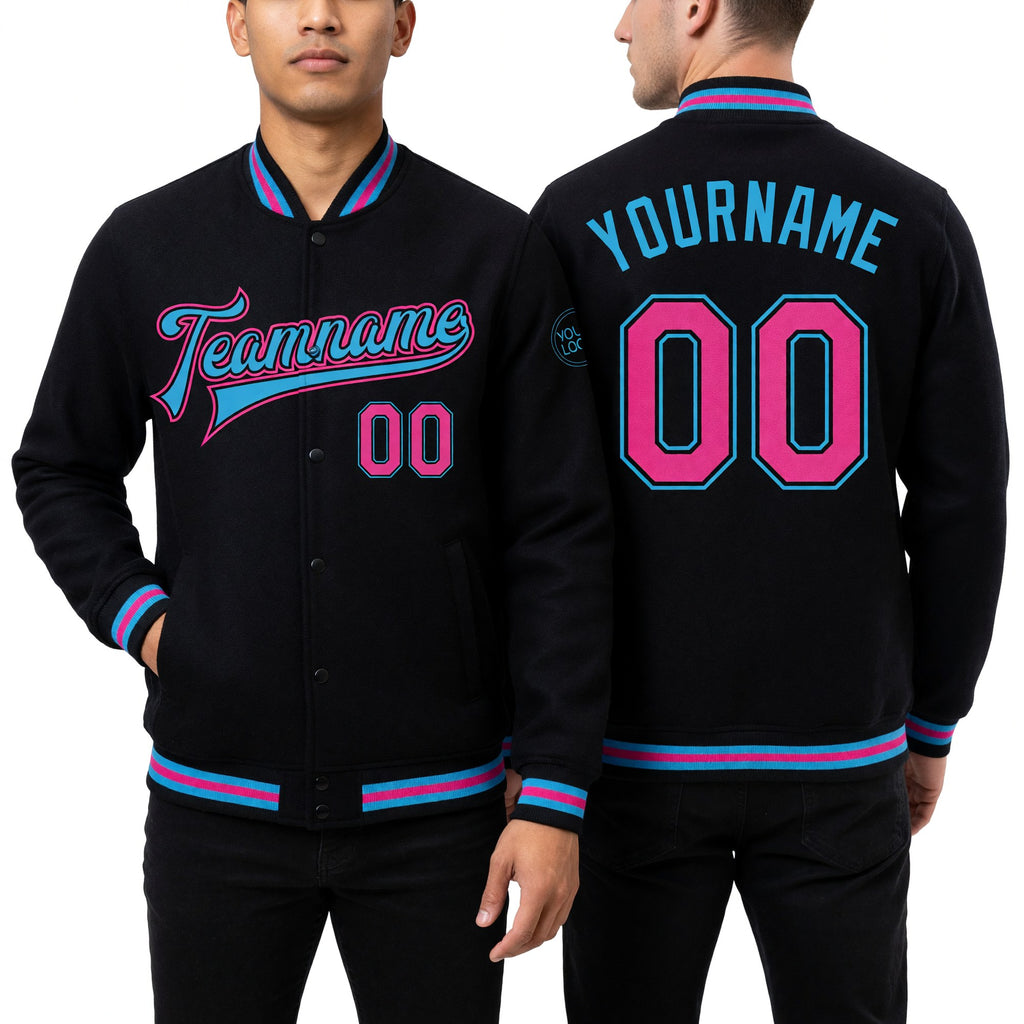 Custom Black Pink-Sky Blue Bomber Full-Snap Varsity Letterman Jacket worn front and back
